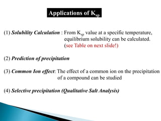 Applications of Ksp
(1) Solubility Calculation : From Ksp value at a specific temperature,
equilibrium solubility can be calculated.
(see Table on next slide!)
(2) Prediction of precipitation
(3) Common Ion effect: The effect of a common ion on the precipitation
of a compound can be studied
(4) Selective precipitation (Qualitative Salt Analysis)
 
