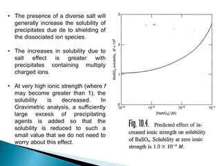• The presence of a diverse salt will
generally increase the solubility of
precipitates due de to shielding of
the dissociated ion species.
• The increases in solubility due to
salt effect is greater with
precipitates containing multiply
charged ions.
• At very high ionic strength (where f
may become greater than 1), the
solubility is decreased. In
Gravimetric analysis, a sufficiently
large excess of precipitating
agents is added so that the
solubility is reduced to such a
small value that we do not need to
worry about this effect.
 