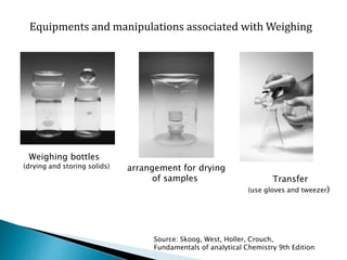 Equipments and manipulations associated with Weighing
Weighing bottles
(drying and storing solids) arrangement for drying
of samples Transfer
(use gloves and tweezer)
Source: Skoog, West, Holler, Crouch,
Fundamentals of analytical Chemistry 9th Edition
 