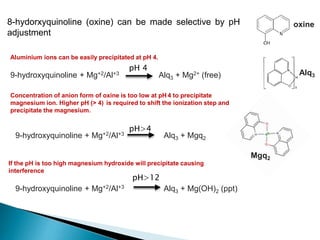 8-hydorxyquinoline (oxine) can be made selective by pH
adjustment
9-hydroxyquinoline + Mg+2/Al+3 Alq3 + Mg2+ (free)
pH 4
9-hydroxyquinoline + Mg+2/Al+3 Alq3 + Mg(OH)2 (ppt)
pH>12
9-hydroxyquinoline + Mg+2/Al+3 Alq3 + Mgq2
pH>4
Mgq2
oxine
Alq3
Concentration of anion form of oxine is too low at pH 4 to precipitate
magnesium ion. Higher pH (> 4) is required to shift the ionization step and
precipitate the magnesium.
If the pH is too high magnesium hydroxide will precipitate causing
interference
Aluminium ions can be easily precipitated at pH 4.
 