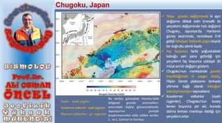 Bu veriler, güneybatı Honshu'daki
bölgesel gravite anomalileri,
arasındaki ilişkiyi göstermektedir.
Japonya'nın jeolojik
araştırmasından elde edilen veriler.
C. ve L. Connor'ın haritası.
 Yatay gravite değişiminde ki aşırı
değişime dikkat edin (mesafe ile
yerçekimi değişiminde hızlı değişim)
Chugoku, Japonya'da. Haritanın
güney kesiminde, neredeyse D-B
gidişliMedyanTektonikçizgisibüyük
birdoğrultuatımlıfaydır.
 Fay boyunca farklı yoğunluktaki
kabuğu yan yana getirdiği için
yerçekimi fay boyunca yaklaşık 30
mGalanibirdeğişimgösterir.
 Chugoku'nun merkezinde gravite
büyüklüğünde ki yaygın düşüş,
Filipin Denizi plakasının levhada
yitimine bağlı olarak kabuğun
kalınlaşmasındankaynaklanır.
 Kuvaterner volkanlar (siyah
üçgenler), Chugoku'nun kuzey
kenarı boyunca yer alır, burada
dalma levhası mantoya daldığı için
yerçekimiartar.
 Faylar - siyah çizgiler
 Kuvaternervolkanlar-siyahüçgenler
 Pliyosen volkanları - gri üçgenler
Chugoku, Japan
 