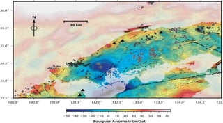 Bu veriler, güneybatı Honshu'daki
bölgesel gravite anomalileri,
arasındaki ilişkiyi göstermektedir.
Japonya'nın jeolojik
araştırmasından elde edilen veriler.
C. ve L. Connor'ın haritası.
Chugoku, Japan
 