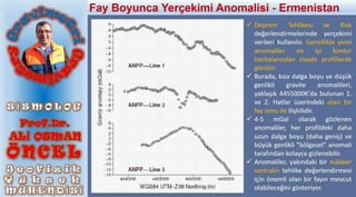  Deprem Tehlikesi ve Risk
değerlendirmelerinde yerçekimi
verileri kullanılır. Genellikle yerel
anomaliler en iyi kontur
haritalarından ziyade profillerde
görülür.
 Burada, kısa dalga boyu ve düşük
genlikli gravite anomalileri,
yaklaşık 4455000K'da bulunan 1.
ve 2. Hatlar üzerindeki olası bir
fay zonu ile ilişkilidir.
 4-5 mGal olarak gözlenen
anomaliler, her profildeki daha
uzun dalga boyu (daha geniş) ve
büyük genlikli "bölgesel" anomali
tarafından kolayca gizlenebilir.
 Anomaliler, yakındaki bir nükleer
santralin tehlike değerlendirmesi
için önemli olan bir fayın mevcut
olabileceğini gösteriyor.
Fay Boyunca Yerçekimi Anomalisi - Ermenistan
 