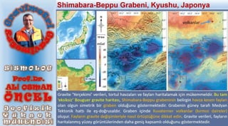 Gravite ‘Yerçekimi’ verileri, tortul havzaları ve fayları haritalamak için mükemmeldir. Bu tam
‘eksiksiz’ Bouguer gravite haritası, Shimabara-Beppu grabeninin belirgin havza kesen fayları
olan olgun simetrik bir graben olduğunu göstermektedir. Grabenin güney tarafı Medyan
Tektonik hattı ile eş-doğrusaldır. Graben içinde Kuvaterner volkanlar (kırmızı daireler)
oluşur. Fayların gravite değişimleriyle nasıl örtüştüğüne dikkat edin. Gravite verileri, fayların
haritalanmış yüzey görüntülerinden daha geniş kapsamlı olduğunu göstermektedir.
Shimabara-Beppu Grabeni, Kyushu, Japonya
volkanlar
 