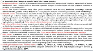  Bu animasyon Ulusal Okyanus ve Atmosfer İdaresi'nden (NOAA) alınmıştır.
 Gezegenimizin yüzeyi, süperkıta birleşme ve parçalanma döngüleri yoluyla levha tektoniği tarafından şekillendirildi ve yeniden
şekillendirildi. Deniz tabanını oluşturan kayalarda kaydedilen manyetik işaretleri ölçerek tektonik plakaların hareketini ve
taşıdıkları kıtaları inceleyebiliriz.
 Plakalar orta okyanus sırtlarında (deniz tabanı yayılma merkezleri olarak da bilinir) birbirinden uzaklaştıkça, Dünya'nın
mantosundaki lav, yaratılan boşluğu doldurur ve o sırada gezegenin manyetik polaritesini yakalayabilen bazalt olarak katılaşır.
 Manyetik polarite zamanla düzensiz bir şekilde tersine döndüğünden, tüm dünya okyanuslarında okyanus kabuğunun yaşını
belirlemek için bu barkod modelini kullanabiliriz. Jeologlar, jeofizikçiler ve deniz bilimcilerinden oluşan ekipler, deniz tabanı
yayılma geçmişlerinin tüm "barkodunu" ortaya çıkarmak için okyanusları çaprazlamak için okyanusta akan bilimsel gemileri
kullanıyor. Bu veriler, okyanus levhalarının hareketiyle itilip çekilen kıtaların geçmiş konumlarını geri yüklemek için deniz tabanı
yayılma tarihinin çözülebileceği "levha tektonik rekonstrüksiyonlarının" yaratılmasını sağlar.
 200 milyon yıl öncesinden bu yana gezegenin deniz tabanı yayılması ve levha tektonik evriminin bu animasyonu, deniz jeofizik
verilerinin (yani, manyetik anomaliler) ve kıtalardaki jeolojik verilerin bir sentezinden yaratılmıştır.
 Gri bölgeler kıtasal alanları temsil ederken, açık kahverengi bölgeler günümüz kıyı şeritlerinin yeniden yapılandırılmış konumunu
temsil eder (referans için). Gökkuşağı renkli bölgeler, okyanus tabanından toplanan manyetik anormalliklerden modellenen
okyanus kabuğunun zaman içindeki yaşını temsil eder. Kırmızı alanlar, okyanus ortası sırtlarda oluşan en genç kayalardır.
 Plaka sınırları, orta okyanus sırtları ve dönüşümleri (siyah çizgiler) ve dalma bölgeleri (dişli macenta çizgiler) dahil olmak üzere
plakaların hareketini barındıran gelişen dar deformasyon bölgeleri ağını göstermek için çizilir. Koyu gri bölgeler, manto
tüylerinden gelen büyük miktarda sıcak malzeme ile ilişkili volkanizma alanlarını (Büyük Magmatik İller olarak bilinir) temsil
eder. Animasyon, okyanus sirkülasyonu, derin zamanlı iklim değişikliği ve manto konveksiyonunun gezegen ölçekli jeodinamik
modellemesinin sayısal simülasyonlarının temelini oluşturan güçlü bir bilimsel araçtan türetilmiştir.
 Burada görselleştirilen levha hareketi modeli: Gibbons, A., Zahirovic, S., Muller, R., Whittaker, J. ve Yatheesh, V., 2015,
Hindistan arasındaki çarpışmalar için kanıtları uzlaştıran bir tektonik model, Orta Doğu Tethys'in Avrasya ve okyanus içi
yayları: Gondwana Araştırma ODAK.
 