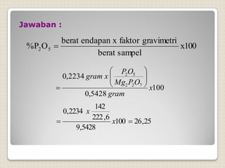 Jawaban :
100
x
sampel
berat
gravimetri
faktor
x
endapan
berat
O
P
% 5
2 
100
5428
,
0
2234
,
0
7
2
2
5
2
x
gram
O
P
Mg
O
P
x
gram 








25
,
26
100
5428
,
9
6
,
222
142
2234
,
0

 x
x
 