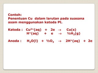 Contoh:
Penentuan Cu dalam larutan pada suasana
asam menggunakan katoda Pt.
Katoda : Cu2+(aq) + 2e  Cu(s)
H+(aq) + e  ½H2(g)
Anoda : H2O(l) + ½O2  2H+(aq) + 2e
 