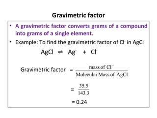 Gravimetric factor
• A gravimetric factor converts grams of a compound
into grams of a single element.
• Example: To find the gravimetric factor of Cl–
in AgCl
AgCl Ag+
+ Cl–
Gravimetric factor =
=
= 0.24
AgClofMassMolecular
Clofmass –
143.3
35.5
⇌
 