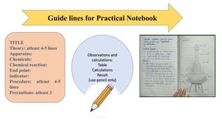 TITLE
Theory: atleast 4-5 lines
Apparatus:
Chemicals:
Chemical reaction:
End point:
indicator:
Procedure: atleast 4-5
lines
Precautions: atleast 3
Guide lines for Practical Notebook
Observations and
calculations:
Table
Calculations
Result
(use pencil only)
 