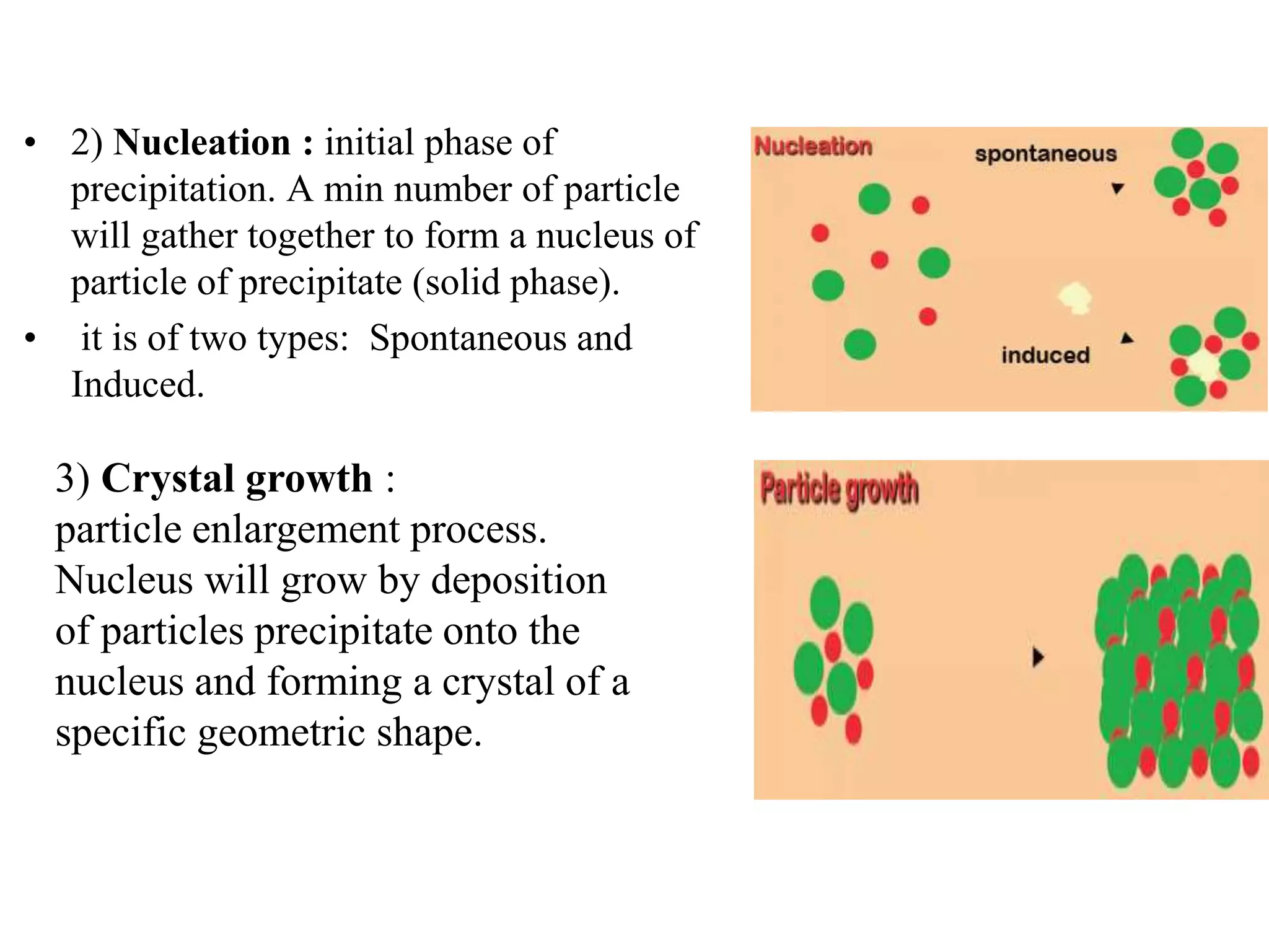 • 2) Nucleation : initial phase of
precipitation. A min number of particle
will gather together to form a nucleus of
particle of precipitate (solid phase).
• it is of two types: Spontaneous and
Induced.
3) Crystal growth :
particle enlargement process.
Nucleus will grow by deposition
of particles precipitate onto the
nucleus and forming a crystal of a
specific geometric shape.
 