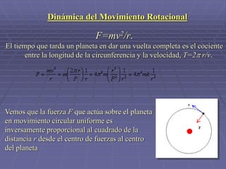 Dinámica del Movimiento Rotacional
F=mv2/r.
El tiempo que tarda un planeta en dar una vuelta completa es el cociente
entre la longitud de la circunferencia y la velocidad, T=2p r/v.
Vemos que la fuerza F que actúa sobre el planeta
en movimiento circular uniforme es
inversamente proporcional al cuadrado de la
distancia r desde el centro de fuerzas al centro
del planeta
 
