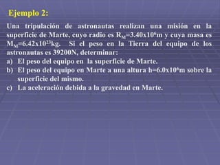 Ejemplo 2:
Una tripulación de astronautas realizan una misión en la
superficie de Marte, cuyo radio es RM=3.40x106m y cuya masa es
MM=6.42x1023kg. Si el peso en la Tierra del equipo de los
astronautas es 39200N, determinar:
a) El peso del equipo en la superficie de Marte.
b) El peso del equipo en Marte a una altura h=6.0x106m sobre la
superficie del mismo.
c) La aceleración debida a la gravedad en Marte.
 