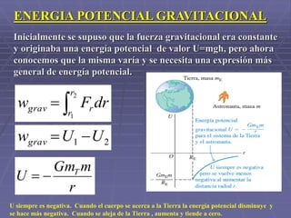 ENERGIA POTENCIAL GRAVITACIONAL
Inicialmente se supuso que la fuerza gravitacional era constante
y originaba una energía potencial de valor U=mgh, pero ahora
conocemos que la misma varía y se necesita una expresión más
general de energía potencial.
drFw
r
r
rgrav 
2
1
r
mGm
U T

21 UUwgrav 
U siempre es negativa. Cuando el cuerpo se acerca a la Tierra la energía potencial disminuye y
se hace más negativa. Cuando se aleja de la Tierra , aumenta y tiende a cero.
 