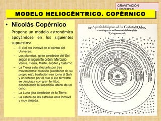 Nicolás Copérnico Propone un modelo astronómico apoyándose en los siguientes supuestos: El Sol era inmóvil en el centro del Universo.  Los planetas, giran alrededor del Sol según el siguiente orden: Mercurio, Venus, Tierra, Marte, Júpiter y Saturno.  La Tierra esta afectada por tres movimientos: rotación (alrededor de su propio eje); traslación (en torno al Sol) y un tercero por el que el eje terrestre se desplaza con gran lentitud, describiendo la superficie lateral de un cono.  La Luna gira alrededor de la Tierra.  La esfera de las estrellas esta inmóvil y muy alejada.  GRAVITACIÓN UNIVERSAL MODELO HELIOCÉNTRICO. COPÉRNICO 
