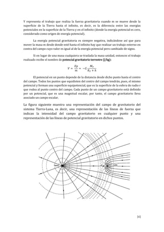 [6]
Y representa el trabajo que realiza la fuerza gravitatoria cuando m se mueve desde la
superficie de la Tierra hasta el infinito, es decir, es la diferencia entre las energías
potenciales en la superficie de la Tierra y en el infinito (donde la energía potencial es cero,
considerado como origen de energía potencial).
La energía potencial gravitatoria es siempre negativa, indicándose así que para
mover la masa m desde donde esté hasta el infinito hay que realizar un trabajo externo en
contra del campo cuyo valor es igual al de la energía potencial pero cambiado de signo.
Si en lugar de una masa cualquiera se traslada la masa unidad, entonces el trabajo
realizado recibe el nombre de potencial gravitatorio terrestre (J/kg):
𝑉 =
𝐸𝑝
𝑚
= −𝐺
𝑀 𝑇
𝑅 𝑇 + ℎ
El potencial en un punto depende de la distancia desde dicho punto hasta el centro
del campo. Todos los puntos que equidisten del centro del campo tendrán, pues, el mismo
potencial y forman una superficie equipotencial, que es la superficie de la esfera de radio r
que rodea al punto centro del campo. Cada punto de un campo gravitatorio está definido
por un potencial, que es una magnitud escalar, por tanto, el campo gravitatorio lleva
asociado un campo escalar.
La figura siguiente muestra una representación del campo de gravitatorio del
sistema Tierra-Luna, es decir, una representación de las líneas de fuerza que
indican la intensidad del campo gravitatorio en cualquier punto y una
representación de las líneas de potencial gravitatorio en dichos puntos.
 