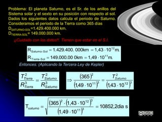 Problema: El planeta Saturno, es el Sr. de los anillos del
Sistema solar y el sexto en su posición con respecto al sol.
Dados los siguientes datos calcula el periodo de Saturno.
Consideramos el periodo de la Tierra como 365 días
DSATURNO-SOL=1.429.400.000 km.
DTIERRA-SOL= 149.000.000 km.
m.101,490km149.000.00R
m.101,43000km1.429.400.R
11
SolTierra
12
SolSaturno




¡¡Cuidado con los datos!!. Tienen que estar en el S.I.
3
2
3
2
Saturno
Saturno
Tierra
Tierra
R
T
R
T

Entonces: (Aplicando la Tercera Ley de Kepler)
   
 
s10852,2dia
101,49
101,43365
T 311
3122
saturno 



 
   312
2
311
2
1043,11049,1
365



 SaturnoT
 