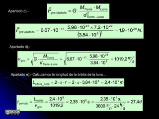Apartado c).-
2
LunaTierra
LunaTierra
iagravitator
d
MM
GF




 
.109,1
1084,3
102,71098,5
1067,6 20
28
2224
11
NF iagravitator 


 

Apartado d).-
s
m
d
M
Gv
LunaTierra
Tierra
giro 2,1019
1084,3
1098,5
1067,6 8
24
11



 

Apartado e).- Calculamos la longitud de la órbita de la luna…
mrL lunaorbita
98
_ 104,21084,322  
d
d
h
h
s
s
s
v
L
t
giro
orbita
periodo 4,27
243600
.1035,2
.1035,2
2,1019
104,2 6
6
9






 