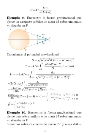 F = G
Mm
h(L + h)
Ejemplo 9. Encuentre la fuerza gravitacional que
ejerce un casquete esférico de masa M sobre una masa
m situada en P
Calculemos el potencial gravitacional
D = R2
sen2
θ + (r − R cos θ)2
U = −Gm
0
π
ρ2πdθ sen θ
D
, x = cos θ
U = −2πGmρ
−1
1
dx
R2(1 − x2) + (r − Rx)2
=
−2πGmρ −1
1 dx
R2 + r2 − 2Rrx
√
=
−4πGmρ
−2Rr
R2
+ r2
− 2Rrx
√
|−1
1
=
2πGmρ
Rr
(|R − r| − (R + r)) =



−
4πGmρ
r
= −G
Mm
r
, r R
−
4πGmρ
R
= −G
Mm
R
, r < R
FR = −G
Mm
r2
rˆ, r R
0, r < R
Ejemplo 10. Encuentre la fuerza gravitacional que
ejerce una esfera uniforme de masa M sobre una masa
m situada en P.
Sumamos sobre casquetes de ancho dr′
y masa dM =
15
 