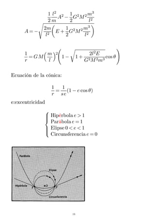 1
2
l2
m
A2
−
1
2
G2
M2m3
l2
A = −
2m
l2
E +
1
2
G2
M2 m3
l2
1
r
= GM
m
l
2
1 − 1 +
2l2
E
G2M2m3
cos θ
Ecuación de la cónica:
1
r
=
1
se
(1 − e cos θ)
e:excentricidad



Hipérbola e > 1
Parábola e = 1
Elipse 0 < e < 1
Circunsferencia e = 0
19
 