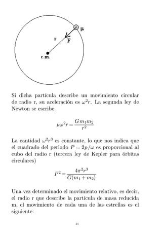 Si dicha partícula describe un movimiento circular
de radio r, su aceleración es ω2
r. La segunda ley de
Newton se escribe.
µω2
r =
Gm1m2
r2
La cantidad ω2
r3
es constante, lo que nos indica que
el cuadrado del periodo P = 2p/ω es proporcional al
cubo del radio r (tercera ley de Kepler para órbitas
circulares)
P2
=
4π2
r3
G(m1 + m2)
Una vez determinado el movimiento relativo, es decir,
el radio r que describe la partícula de masa reducida
m, el movimiento de cada una de las estrellas es el
siguiente:
24
 