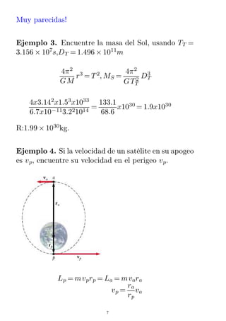 Muy parecidas!
Ejemplo 3. Encuentre la masa del Sol, usando TT =
3.156 × 107
s,DT = 1.496 × 1011
m
4π2
GM
r3
= T2
, MS =
4π2
GTT
2 DT
3
4x3.142
x1.53
x1033
6.7x10−113.221014
=
133.1
68.6
x1030
= 1.9x1030
R:1.99 × 1030
kg.
Ejemplo 4. Si la velocidad de un satélite en su apogeo
es vp, encuentre su velocidad en el perigeo vp.
Lp = mvprp = La = mvara
vp =
ra
rp
va
7
 