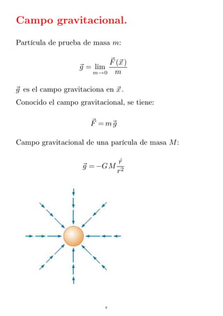 Campo gravitacional.
Partícula de prueba de masa m:
gR = lim
m→0
FR (xR )
m
gR es el campo gravitaciona en xR .
Conocido el campo gravitacional, se tiene:
FR = m gR
Campo gravitacional de una parícula de masa M:
gR = −GM
rˆ
r2
8
 
