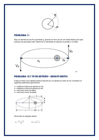 PROBLEMA 11
Seja um planeta de raio R e gravidade g, girando em torno do sol, em órbita elíptica sob ação
exclusiva da gravidade solar. Determine a velocidade do planeta no periélio e no afélio.




                                                                                    w

PROBLEMA 12 ( td de revisão – Renato brito)
A figura mostra uma trajetória elíptica descrita por um planeta ao redor do sol. Considere os
seguintes parâmetros geométricos:

rA = distância máxima do planeta ao sol;
rP = distância mínima do planeta ao sol;
a = semi-eixo maior da elipse
b = semi-eixo menor da elipse




Demonstre as relações abaixo
 