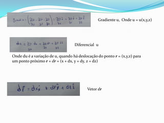 Gradiente u,
Diferencial u
Onde u = u(x,y,z)
Vetor dr
Onde du é a variação de u, quando há deslocação do ponto r = (x,y,z) para
um ponto próximo r + dr = (x + dx, y + dy, z + dz)
 