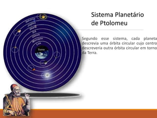 Segundo esse sistema, cada planeta
descrevia uma órbita circular cujo centro
descreveria outra órbita circular em torno
da Terra.
Sistema Planetário
de Ptolomeu
 