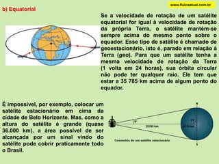 www.fisicaatual.com.brNewton explicou  como um corpo poderia se manter em  órbita. Consideremos o movimento de um corpo lançado inicialmente com uma trajetória horizontal. Por causa de seu peso, o corpo sai de sua trajetória reta, descreve uma curva e cai sobre o solo. Quanto maior a velocidade com que é lançado, mais longe ele alcança antes de cair sobre a Terra. Veja a figura que representa a Terra e as linhas curvas que o corpo percorreria se projetado em uma direção horizontal do topo de uma alta montanha, com velocidades cada vez maiores. Suponha que não há resistência do ar. Aumentando cada vez mais a velocidade inicial do corpo ele cairá cada vez mais longe até que, quando a velocidade inicial for suficientemente grande, acabará percorrendo toda a circunferência da Terra, voltando à montanha de onde foi lançado.