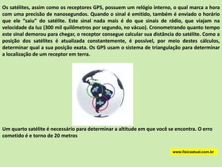 www.fisicaatual.com.brTipos de órbitasa) PolarSatélites de orbita polar viajam em orbitas circulares que se deslocam desde um polo ao outro. Dessa maneira, estes satélites podem “ver” a terra 2 vezes em um período de 24 horas.879 km