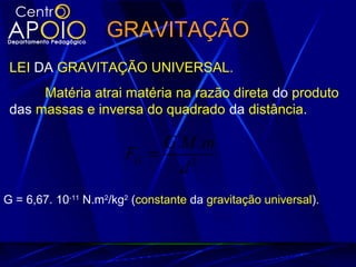 GRAVITAÇÃO
LEI DA GRAVITAÇÃO UNIVERSAL.
Matéria atrai matéria na razão direta do produto
das massas e inversa do quadrado da distância.
2
..
d
mMG
FG =
G = 6,67. 10-11
N.m2
/kg2
(constante da gravitação universal).
 