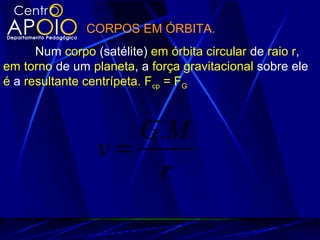 CORPOS EM ÓRBITA.
Num corpo (satélite) em órbita circular de raio r,
em torno de um planeta, a força gravitacional sobre ele
é a resultante centrípeta. Fcp = FG
r
MG
v
.
=
 