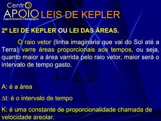 LEIS DE KEPLER
2ª LEI DE KEPLER OU LEI DAS ÁREAS.
O raio vetor (linha imaginária que vai do Sol até a
Terra) varre áreas proporcionais aos tempos, ou seja,
quanto maior a área varrida pelo raio vetor, maior será o
intervalo de tempo gasto.
tKA ∆= .
A: é a área
∆t: é o intervalo de tempo
K: é uma constante de proporcionalidade chamada de
velocidade areolar.
 