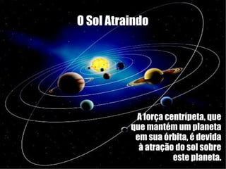 O Sol Atraindo




           A força centrípeta, que
          que mantém um planeta
           em sua órbita, é devida
            à atração do sol sobre
                     este planeta.
 