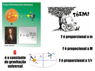 F é proporcional a m


                  F é propocional a M
     G
é a constante
de gravitação   F é proporcional a 1/r   2



  universal
 