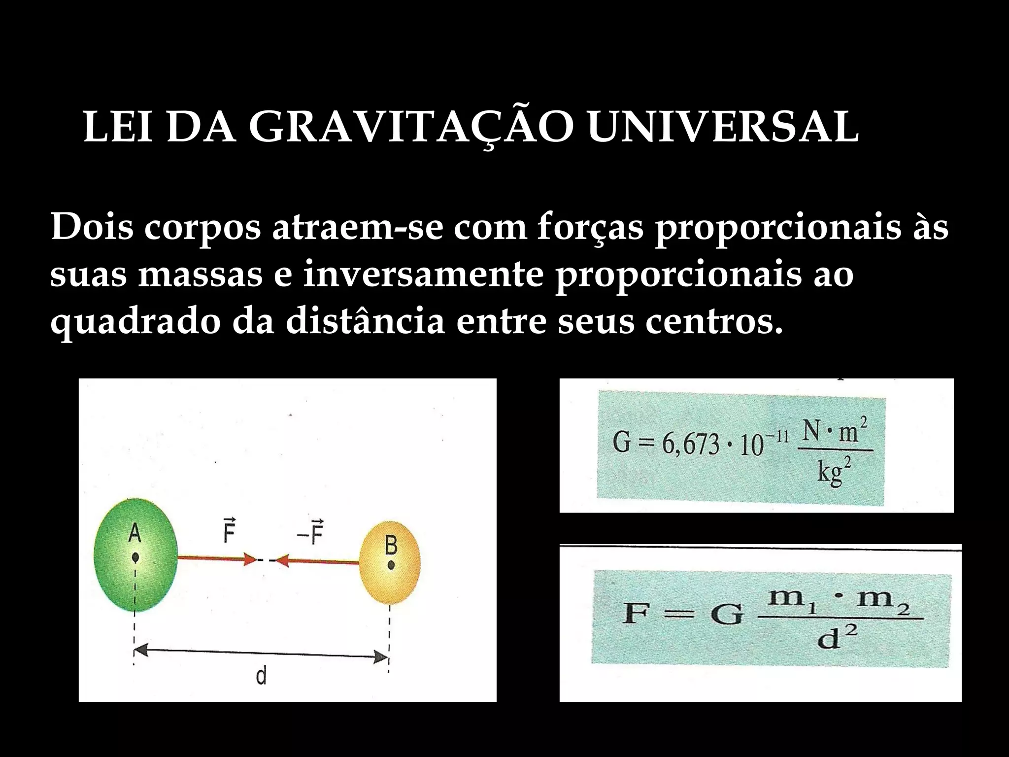 LEI DA GRAVITAÇÃO UNIVERSAL
Dois corpos atraem-se com forças proporcionais às
suas massas e inversamente proporcionais ao
quadrado da distância entre seus centros.