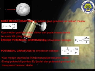 KUAT MEDAN GRAVITASI (g) adalah gaya gravitasi per satuan massa.
Kuat medan gravitasi selalu diukur dari pusat massa benda
ke suatu titik yang ditinjau.
ENERGI POTENSIAL GRAVITASI (Ep) dinyatakan sebagai :
POTENSIAL GRAVITASI (V) dinyatakan sebagai :
-Kuat medan gravitasi g (N/kg) merupakan besaran vektor.
-Energi potensial gravitasi Ep (joule) dan potensial gravitasi (V)
merupakan besaran skalar.
2
r
M
Gg 
R
Mm
GEp 
R
Gm
m
E
V
p 

 