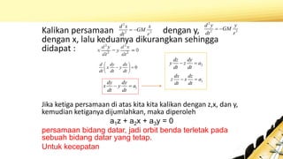 Kalikan persamaan dengan y,
dengan x, lalu keduanya dikurangkan sehingga
didapat :
Jika ketiga persamaan di atas kita kita kalikan dengan z,x, dan y,
kemudian ketiganya dijumlahkan, maka diperoleh
a1z + a2x + a3y = 0
persamaan bidang datar, jadi orbit benda terletak pada
sebuah bidang datar yang tetap.
Untuk kecepatan
2
2 3
d x x
GM
dt r
 
2
2 3
d y y
GM
dt r
 
0
d dy dx
x y
dt dt dt
 
  
 
1
dy dy
x y a
dt dt
 
2
dz dy
y z a
dt dt
 
3
dx dz
z x a
dt dt
 
 