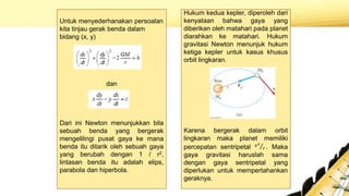 Untuk menyederhanakan persoalan
kita tinjau gerak benda dalam
bidang (x, y)
dan
Dari ini Newton menunjukkan bila
sebuah benda yang bergerak
mengelilingi pusat gaya ke mana
benda itu ditarik oleh sebuah gaya
yang berubah dengan 1 / r2,
lintasan benda itu adalah elips,
parabola dan hiperbola.
Hukum kedua kepler, diperoleh dari
kenyataan bahwa gaya yang
diberikan oleh matahari pada planet
diarahkan ke matahari. Hukum
gravitasi Newton menunjuk hukum
ketiga kepler untuk kasus khusus
orbit lingkaran.
Karena bergerak dalam orbit
lingkaran maka planet memiliki
percepatan sentripetal 𝑣2
𝑟 . Maka
gaya gravitasi haruslah sama
dengan gaya sentripetal yang
diperlukan untuk mempertahankan
geraknya.
 