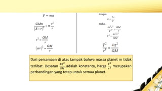 Dari persamaan di atas tampak bahwa massa planet m tidak
terlibat. Besaran
4𝜋2
𝐺𝑀
adalah konstanta, harga
𝑇2
𝑟3 merupakan
perbandingan yang tetap untuk semua planet.
 