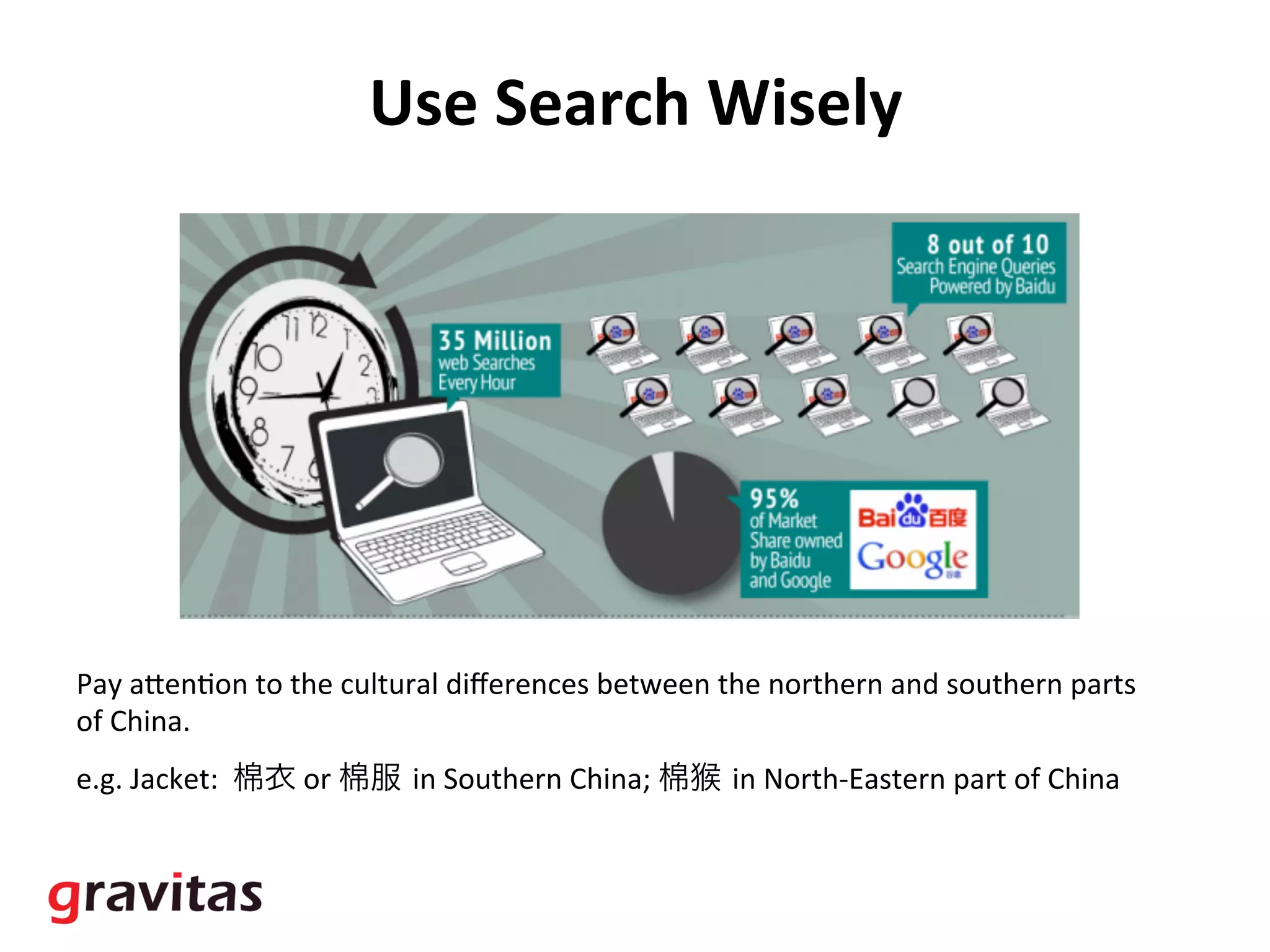 Use	
  Search	
  Wisely	
  
Pay	
  aGen3on	
  to	
  the	
  cultural	
  diﬀerences	
  between	
  the	
  northern	
  and	
  southern	
  parts	
  
of	
  China.	
  
e.g.	
  Jacket:	
  	
  棉衣	
  or	
  棉服 in	
  Southern	
  China;	
  棉猴 in	
  North-­‐Eastern	
  part	
  of	
  China	
  
 