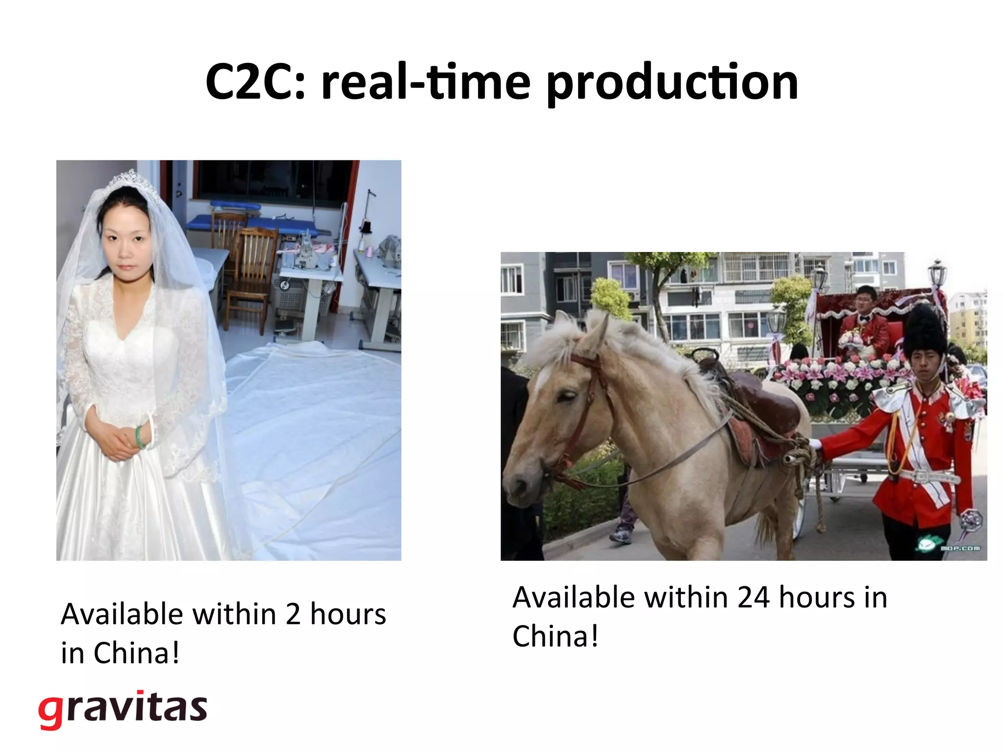 C2C:	
  real-­‐Eme	
  producEon	
  
Available	
  within	
  2	
  hours	
  
in	
  China!	
  
Available	
  within	
  24	
  hours	
  in	
  
China!	
  
 