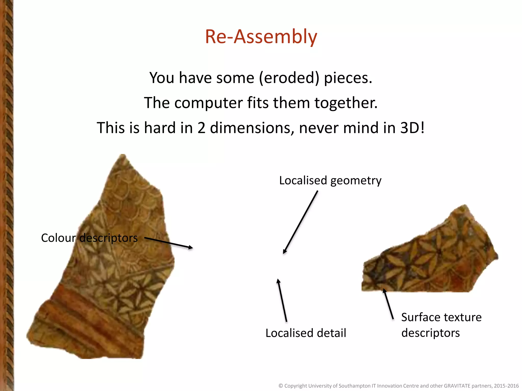 Re-Assembly
You have some (eroded) pieces.
The computer fits them together.
This is hard in 2 dimensions, never mind in 3D!
Localised geometry
Surface texture
descriptorsLocalised detail
Colour descriptors
© Copyright University of Southampton IT Innovation Centre and other GRAVITATE partners, 2015-2016
 
