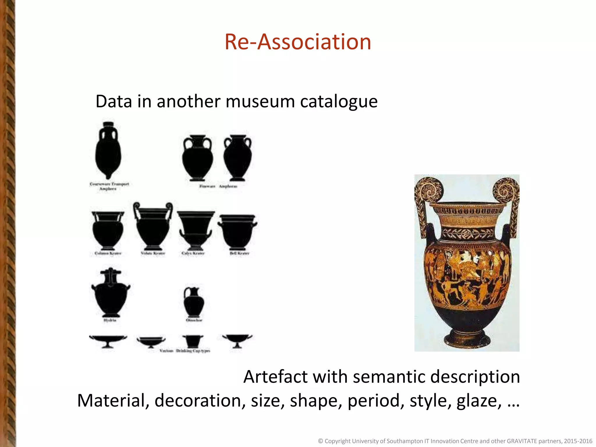 Re-Association
Artefact with semantic description
Material, decoration, size, shape, period, style, glaze, …
Data in another museum catalogue
© Copyright University of Southampton IT Innovation Centre and other GRAVITATE partners, 2015-2016
 
