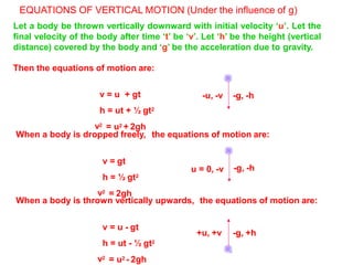 EQUATIONS OF VERTICAL MOTION (Under the influence of g)
Let a body be thrown vertically downward with initial velocity ‘u’. Let the
final velocity of the body after time ‘t’ be ‘v’. Let ‘h’ be the height (vertical
distance) covered by the body and ‘g’ be the acceleration due to gravity.
Then the equations of motion are:
v = u + gt
h = ut + ½ gt2
v2
= u2 + 2gh
When a body is dropped freely, the equations of motion are:
v = gt
h = ½ gt2
v2
= 2gh
When a body is thrown vertically upwards, the equations of motion are:
v = u - gt
h = ut - ½ gt2
v2
= u2 - 2gh
-u, -v -g, -h
u = 0, -v -g, -h
+u, +v -g, +h
 