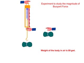 0
20
40
60
80
100
Experiment to study the magnitude of
Buoyant Force
Weight of the body in air is 60 gwt.
 