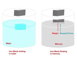 Buoyant Force
Weight
Mercury
Water
Iron Block sinking
in water
Iron Block floating
in mercury
 