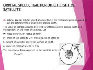 ORBITAL SPEED, TIME PERIOD & HEIGHT OF
SATELLITE
(1) Orbital speed: Orbital speed of a satellite is the minimum speed required to
put the satellite into a given orbit around earth.
The value of orbital speed is different for different orbits around earth & is
independent of the mass of satellite. Let
M= mass of earth, R= radius of earth
m= mass of the satellite , v= orbital speed of satellite
h= height of satellite above the surface of earth
r= radius of orbit of satellite= R+h
The centripetal force required to the satellite in its orbit,
F=mv2
/r
 