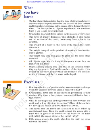 GRAVITATION 143
What
you have
learnt
• The law of gravitation states that the force of attraction between
any two objects is proportional to the product of their masses
and inversely proportional to the square of the distance between
them. The law applies to objects anywhere in the universe.
Such a law is said to be universal.
• Gravitation is a weak force unless large masses are involved.
• The force of gravity decreases with altitude. It also varies
on the surface of the earth, decreasing from poles to the
equator.
• The weight of a body is the force with which the earth
attracts it.
• The weight is equal to the product of mass and acceleration
due to gravity.
• The weight may vary from place to place but the mass stays
constant.
• All objects experience a force of buoyancy when they are
immersed in a fluid.
• Objects having density less than that of the liquid in which
they are immersed, float on the surface of the liquid. If the
density of the object is more than the density of the liquid in
which it is immersed then it sinks in the liquid.
Exercises
1. How does the force of gravitation between two objects change
when the distance between them is reduced to half ?
2. Gravitational force acts on all objects in proportion to their
masses. Why then, a heavy object does not fall faster than a
light object?
3. What is the magnitude of the gravitational force between the
earth and a 1 kg object on its surface? (Mass of the earth is
6 × 1024
kg and radius of the earth is 6.4 × 106
m.)
4. The earth and the moon are attracted to each other by
gravitational force. Does the earth attract the moon with a
force that is greater or smaller or the same as the force
with which the moon attracts the earth? Why?
5. If the moon attracts the earth, why does the earth not move
towards the moon?
2019-2020
Download all NCERT books PDFs from www.ncert.online
 